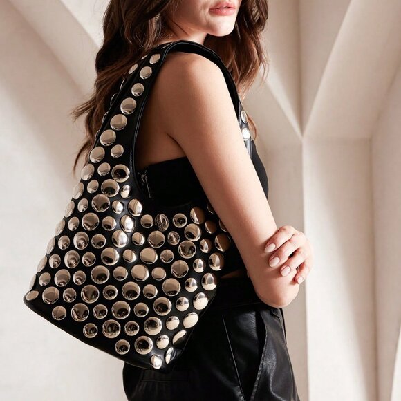 Women's Metal Stud contemporary black Bucket Bag - Picture 3 of 9